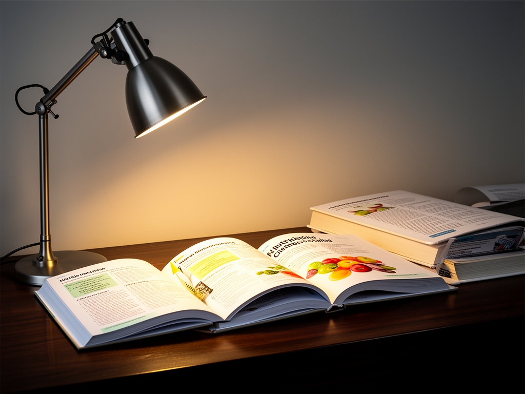 Espacio de investigación y lectura con libros abiertos sobre nutrición y ciencias de la salud, lámpara de escritorio encendida proyectando luz cálida sobre una superficie de madera oscura ordenada