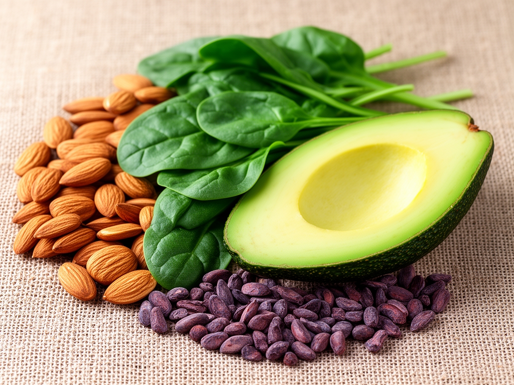 Composición detallada de alimentos ricos en magnesio: almendras, espinacas frescas, aguacate cortado y granos de cacao oscuro sobre fondo de lino natural