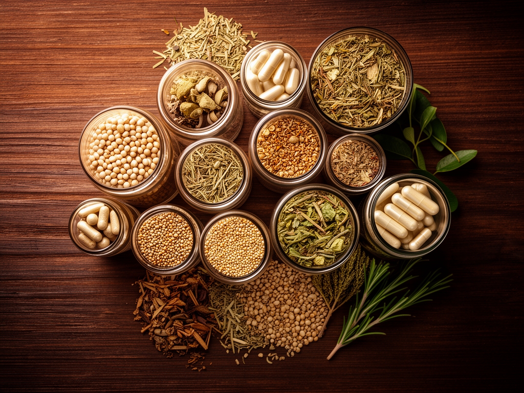 Vista cenital artística de frascos de vidrio con suplementos naturales, semillas, hierbas secas y cápsulas vegetales dispuestos sobre una superficie de madera oscura con iluminación cálida