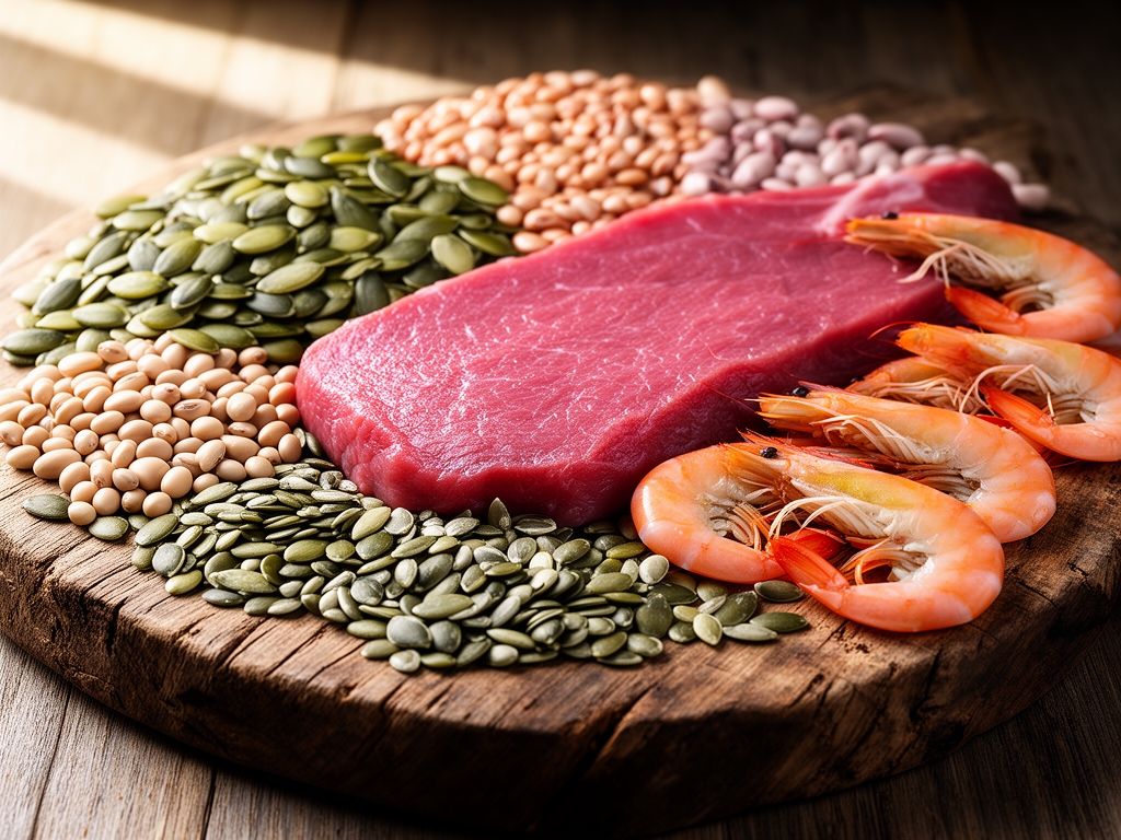 Selección artística de alimentos ricos en zinc: semillas de calabaza, carne magra, legumbres y mariscos sobre una tabla de madera rústica con iluminación natural lateral